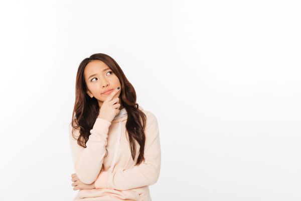 asian thinking lady standing isolated